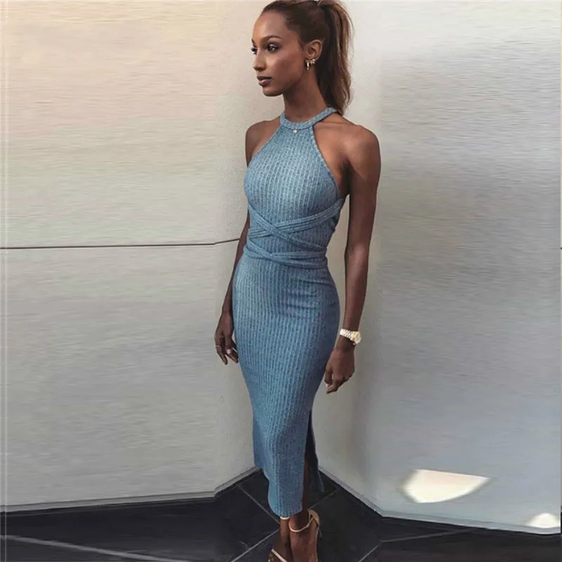 Женское летнее платье синее облегающее макси с высоким разрезом сзади и