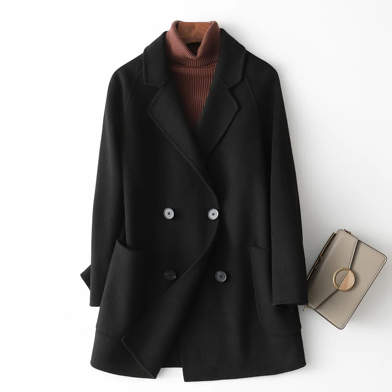 

Черное шерстяное пальто, женское маленькое твидовое пальто, двубортное пальто средней длины для осени и зимы