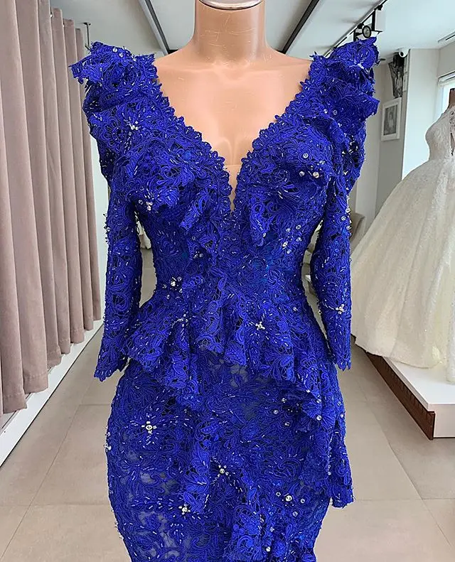 

Royal Blue Mermaid Prom Dresses 2021 Luxury Lace Beaded Crystal Long Sleeve African Nigerian Arabic Fishtail Occasion Prom Dress