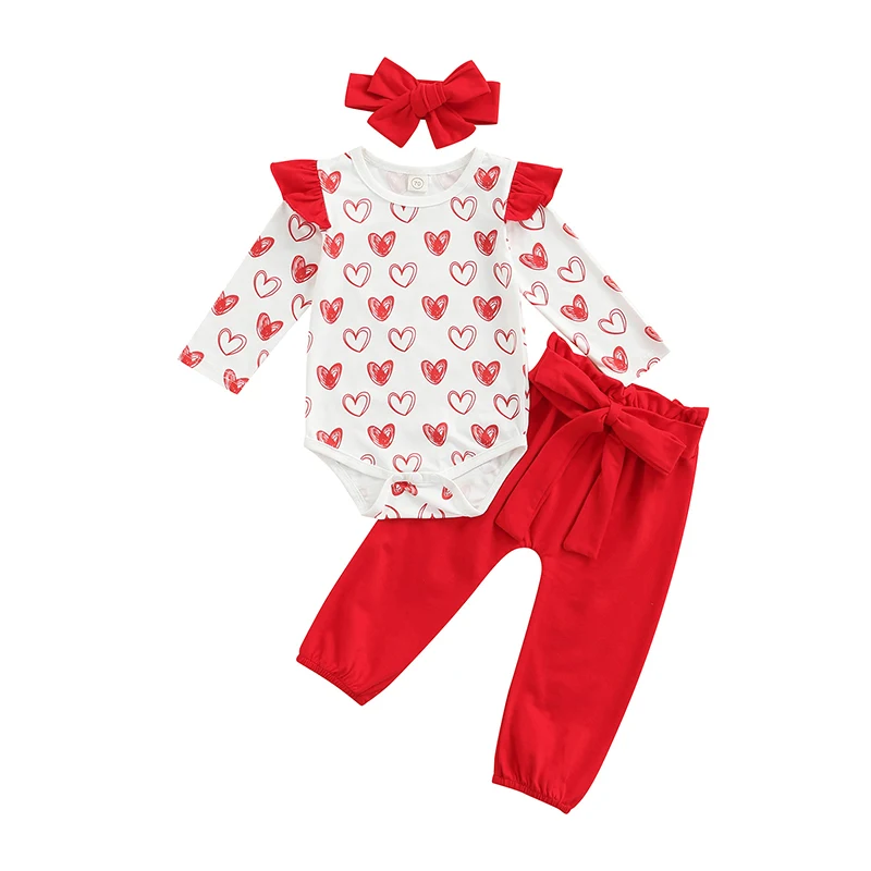 

Infant Baby Girls Suit Happy New Year Long Sleeve Heart Printed Romper Tops+Solid Color Long Pants+Headband For Newborn Babies