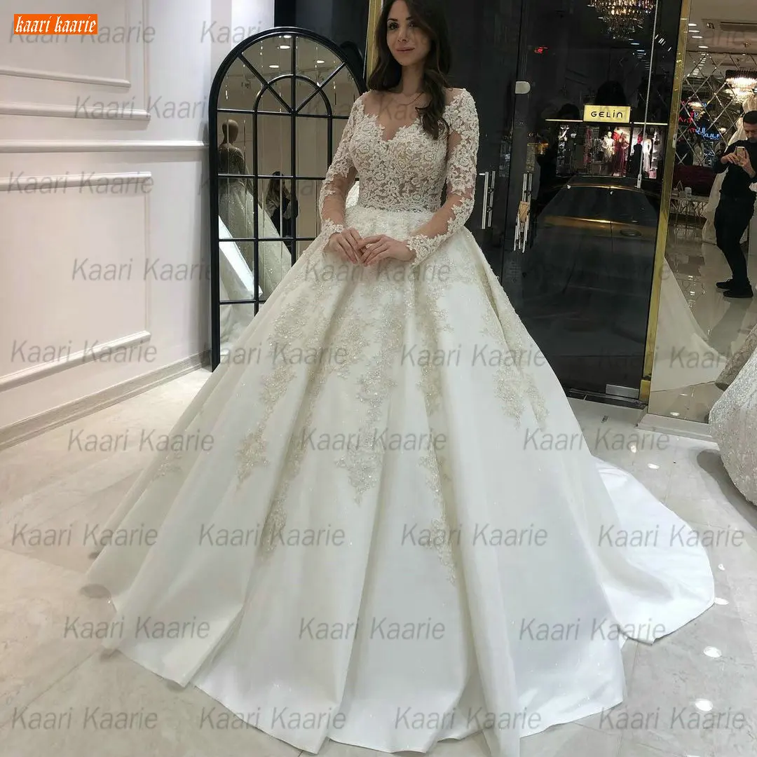 

Luxury Long Sleeves Wedding Gowns Court Train Lace 2021 Robe De Mariée Custom Made Satin Bride Dresses Customized Abito Da Sposa