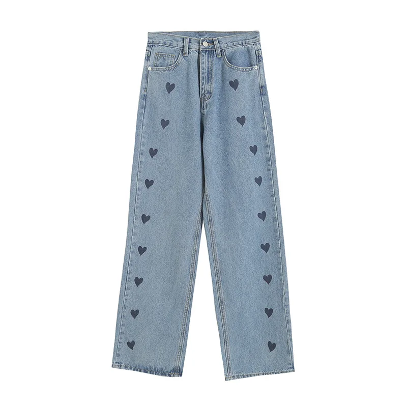 

Women's High Waist celebrities Wide Leg Denim Pants Heart Shaped Print streetweaer female fashion trouser