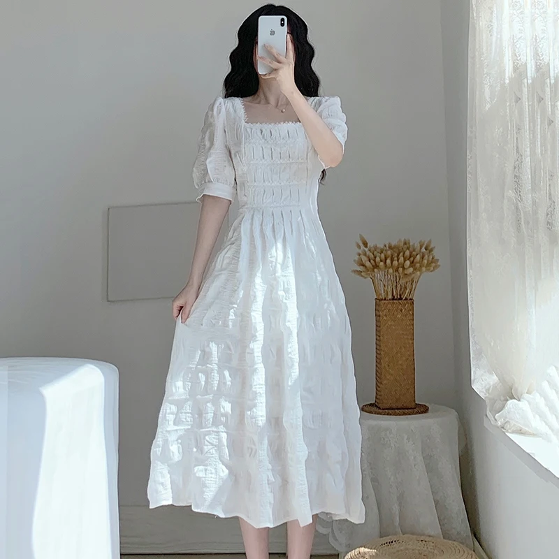 

Цельное платье в Корейском стиле складки с буффами на рукавах и квадратным воротником платье миди для женщин вечернее вечерние Женское пла...