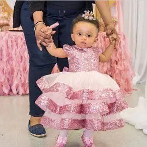 Pink Sequined Puffy Baby Girl Dress Knee Length Little Princess First Birthday Party Gowns