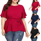 Горячая Bluses для женская блузка с твёрдым размера плюс с коротким рукавом рубашка поясом бантом блузка летние топы, женская одежда camisas de mujer; Большие размеры