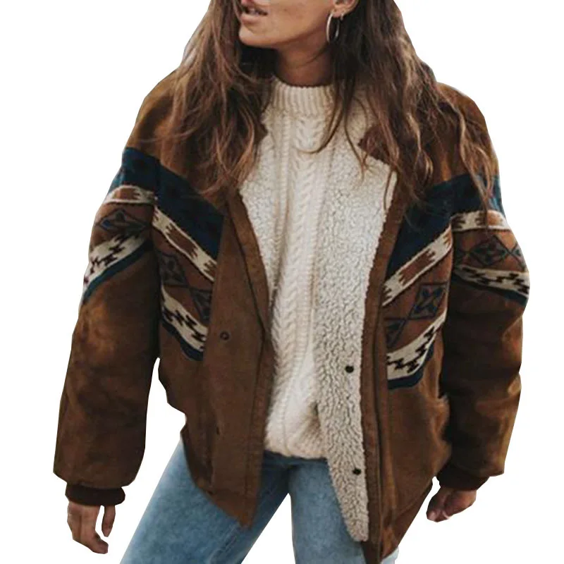 Winter Retro Geometric Print Ethnic Wind Jacket Casual Stitching Long-sleeved Jacket Cotton Women Coats and Jackets Parkas Wear