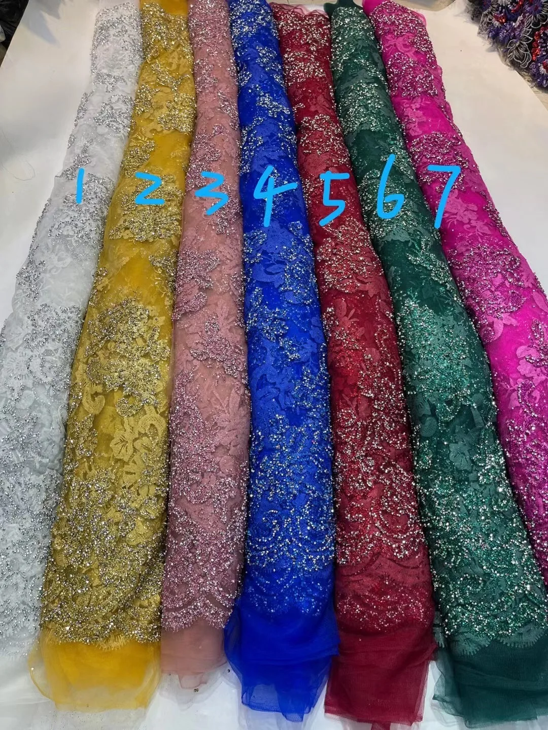 

(5yards/pc) Newest glittering stones glued French net lace shining fuchsia pink African tulle lace fabric for party dress FXZ074
