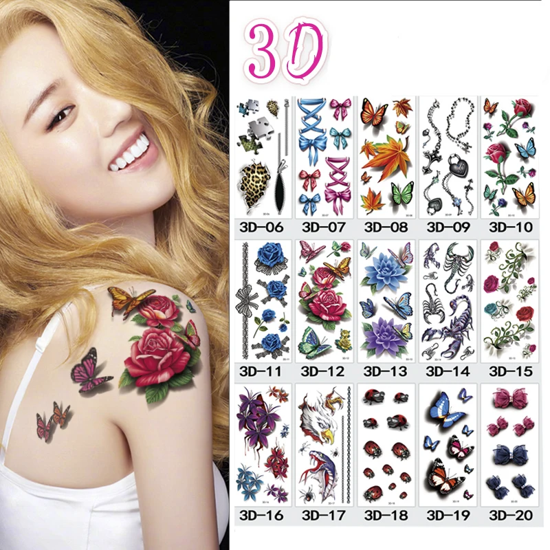 

3D Flower Rose Waterproof Temporary Tattoo Sticker Butterfly for Adults Women Kids New Design Water Transfer Fake Tatoo