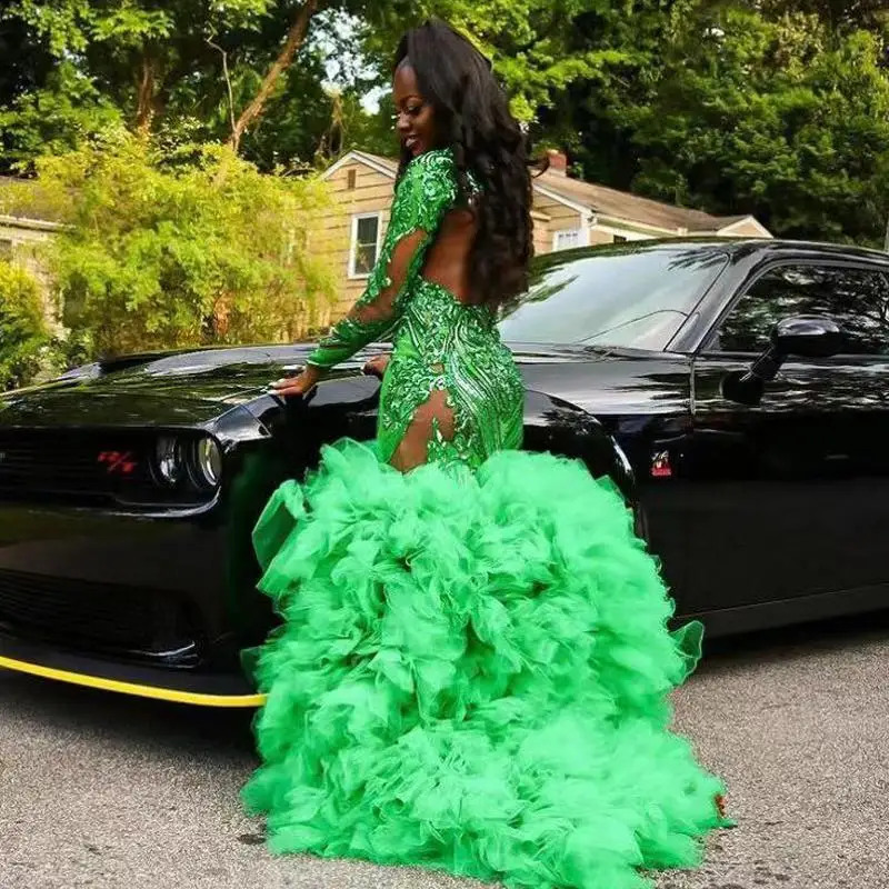 

Lime Green 2021 Mermaid Prom Dresses Long Sleeve Sequined Ruffles Evening Gowns Plus Size Formal Dress