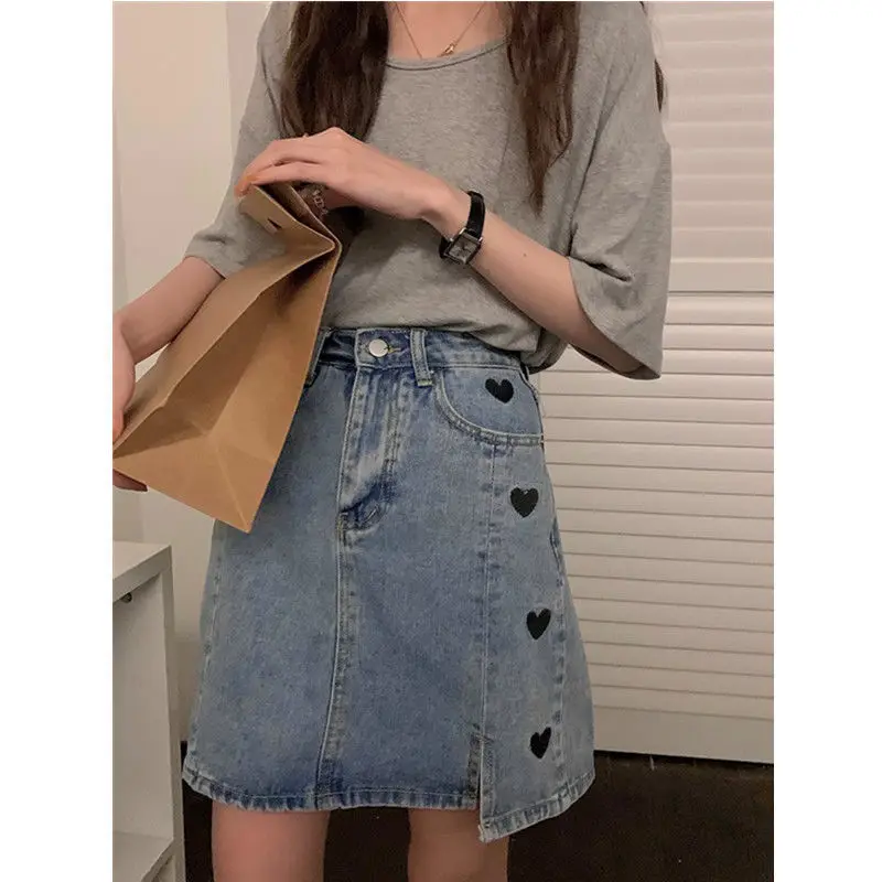 

Женская джинсовая юбка с высокой талией, повседневная трапециевидная мини-юбка в Корейском стиле с разрезом и тонкими бедрами, лето 2021