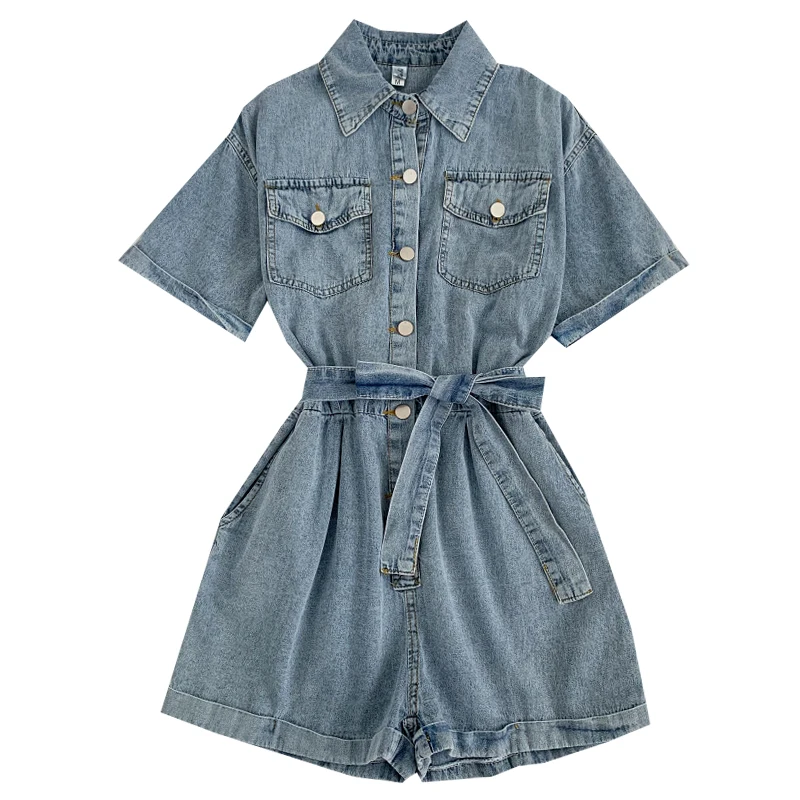 

YIZZHOY Summer Casual High Waist Bandage Wide Leg Shorts Women New Vintage Polo Collar Single Breasted Short Sleeve Jumpsuit