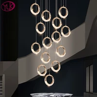 luxury ring led chandelier for staircase modern gold living room long hanging light fixture large home decor crystal lamp