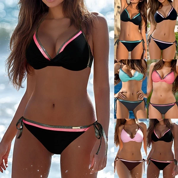 Женский комплект бикини с чашками пуш ап пикантный однотонный купальник