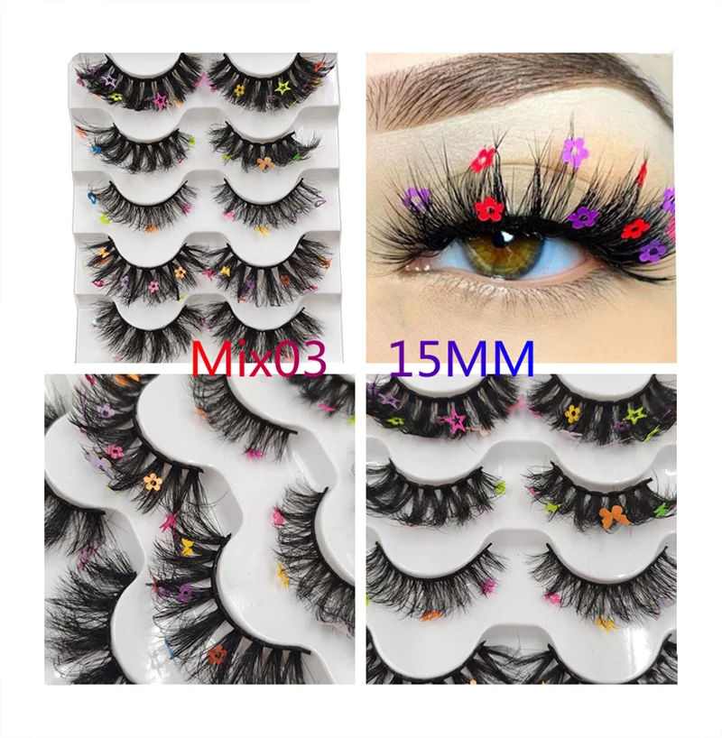 5 Pairs Red, Green, Yellow, Pink Colored Eyelashes for Wholesale Colorful Faux Lashes in Bulk with butterfly and flowers ombre