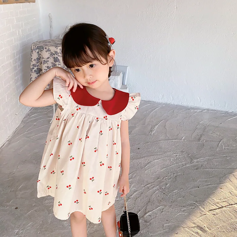 

1-7T Cherry Print Girls Dress Toddler Kid Baby Clothes Ruffles Sleeveless Cotton Dresses Elegant Cute Sweet Sundress Outfit