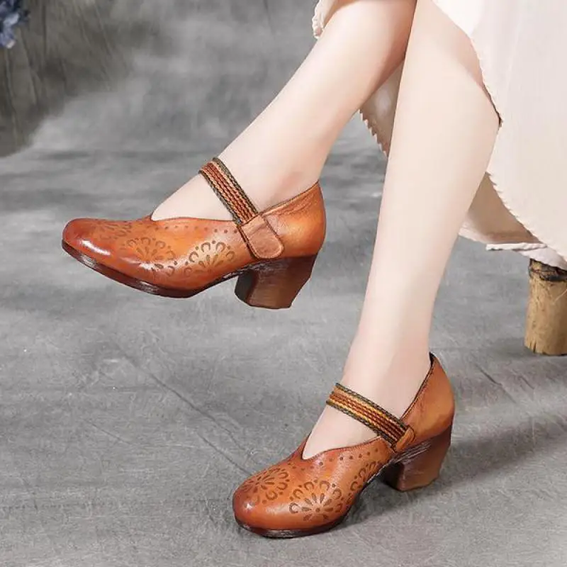 

YourSeason Ladies High Heels Shoes Genuine Leather 2020 New Retro Hook Loop Round Toe Women Casual Shallow Handmade Pumps