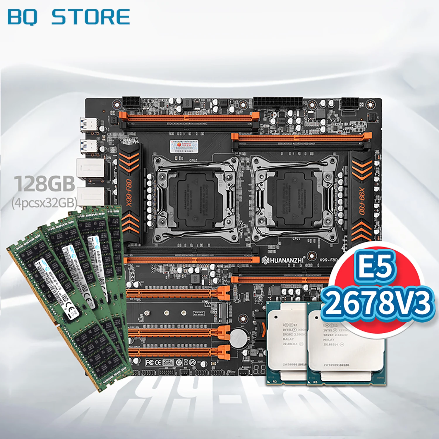 

HUANANZHI X99 F8D X99 Motherboard Intel Dual with Intel XEON E5 2678 V3*2 with 4*32GB DDR4 RECC memory combo kit NVME USB 3.0