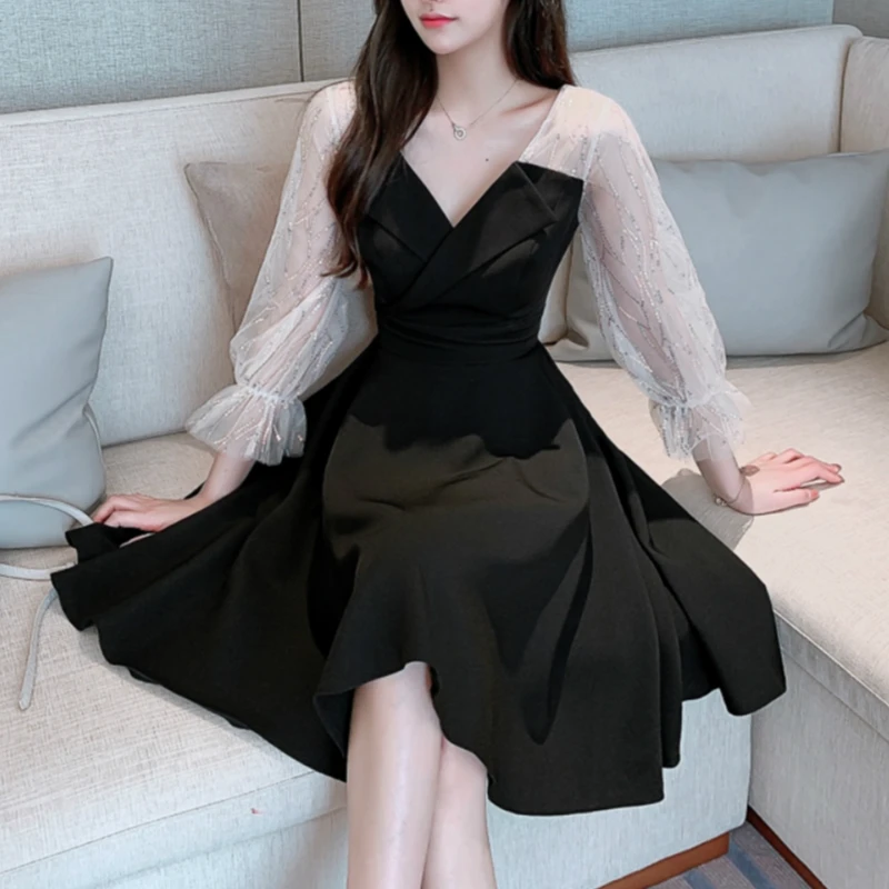 

Spring Summer Korean Fashion Style Elegant Slimming Small Black Dress Mesh Sequined Stitching French Women Clothes Short Prom