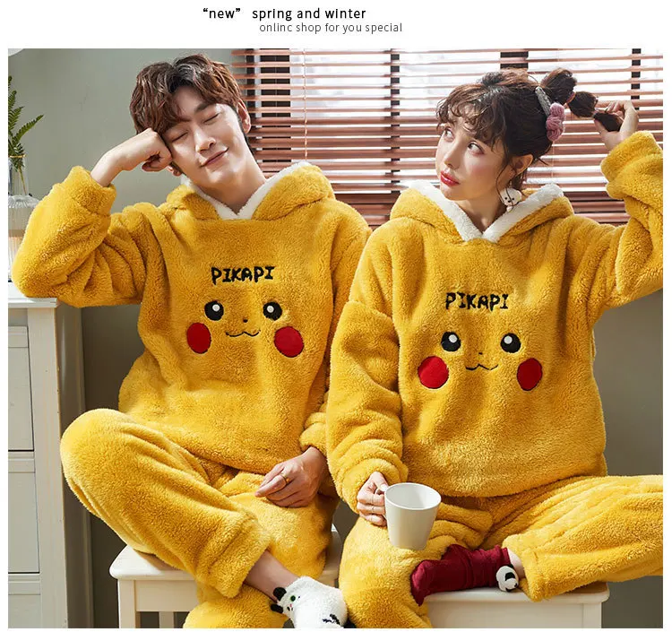 Pikachu Унисекс, Пижама для взрослых и пар, Мужская зимняя бархатная одежда для сна, комплект из 2 предметов, теплая Фланелевая пижама с рисунком животных, милая домашняя одежда - Цвет: Pikachu