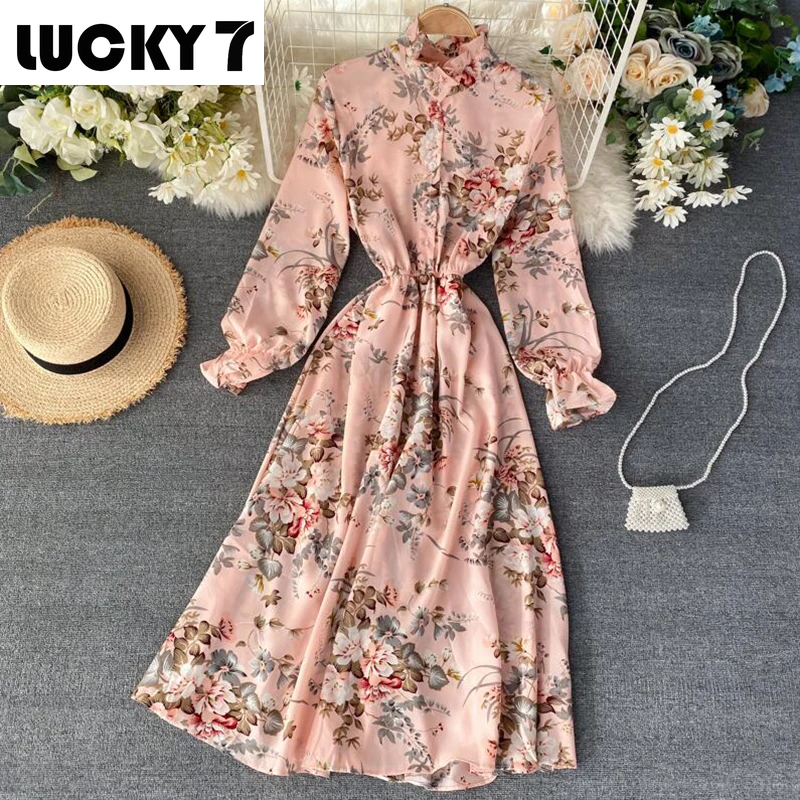 

Vintage floral print stand collar chiffon dress spring and summer party women's elastic waist Vestido elegant dress short skirt