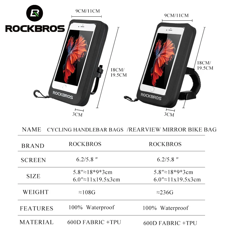 ROCKBROS Bicycle Bike Bags Waterproof 5.8&quot/6&quot MTB Road Phone Touchscreen Rearview Mirror Handlebar Rotatable | Спорт и