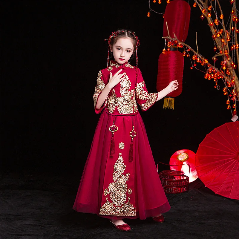 Winter Girl Red Modified Cheongsam New Year'S Dress Children'S Chinese Style Tang Suit Little Girls Han Costume Garment |