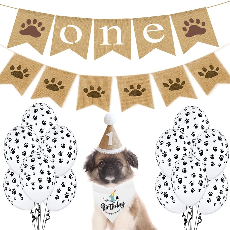 

Dressed up festival set dog birthday party set dog paw print decoration pull flag pet dog birthday towel dog paw 12 inch balloon