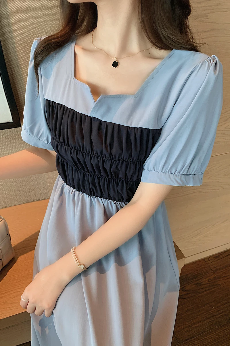 

COIGARSAM French Style Patchwork Women Long dress Short Sleeve Square Collar High Waist Dresses Blue Apricot 1362