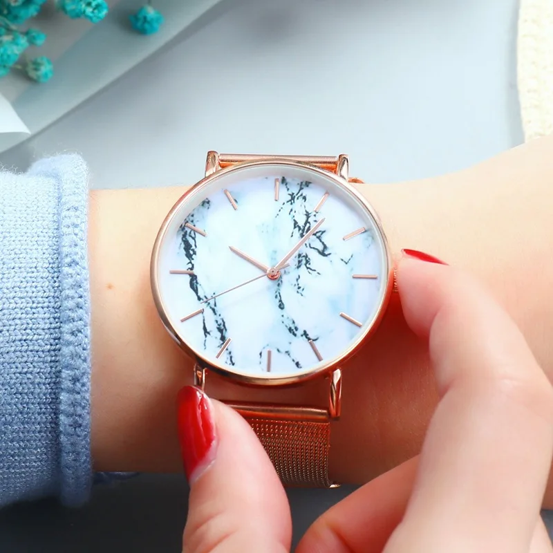 Розовое золото сетчатый ремешок креативные мраморные женские наручные часы