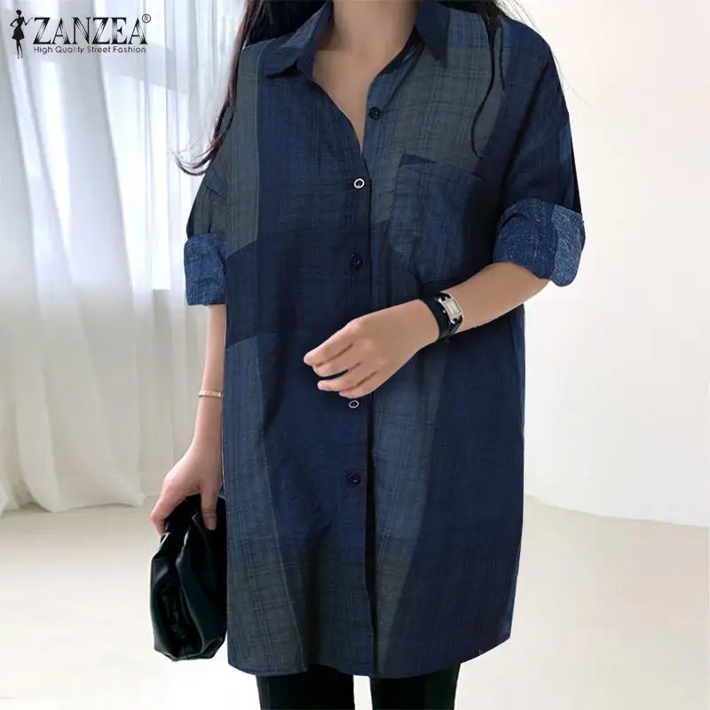 

Long Sleeve ZANZEA Autumn Women Blouse Front Pockets Grid Printed Lapel Chemise Casual Elegant Oversized Tunic Holiday Blusas