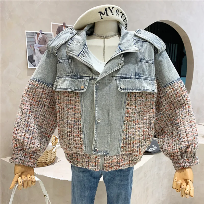 

Новинка, женская одежда, осень 2021, темпераментная твидовая сшитая джинсовая куртка, верхняя одежда из двух частей