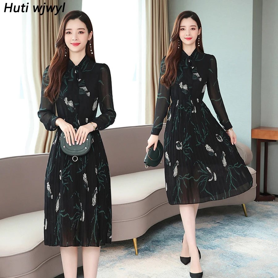 Femal Vintage Black Chiffon Midi Pleated Dresses Autumn Winter Print Long Sleeve Dress Elegant Women Bodycon Party Vestidos