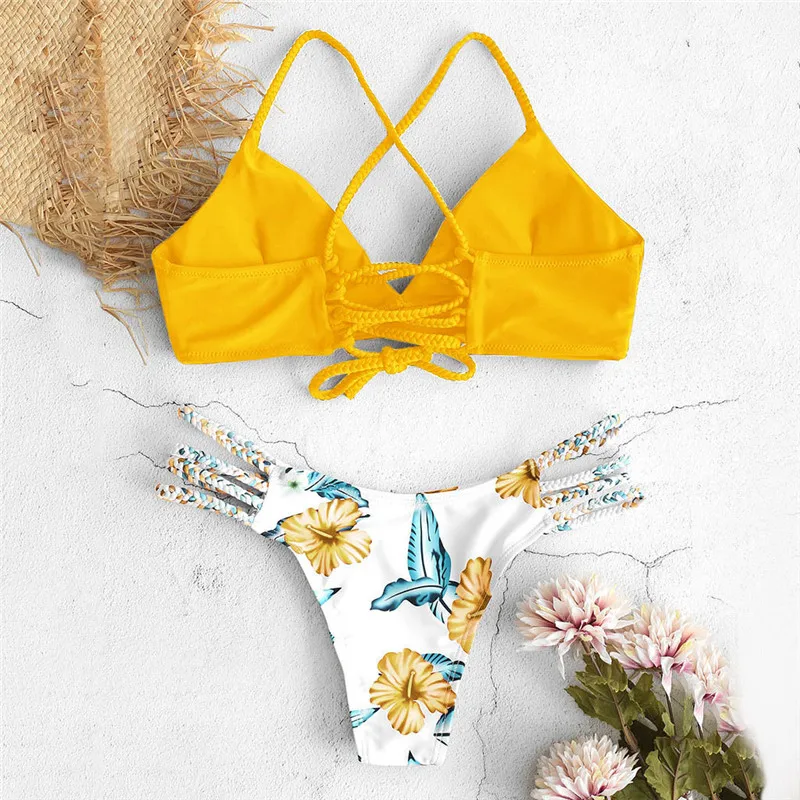 

Sexy Cross Bikini Push Up Solid Swimsuit Print Swimwear Women Summer Suits Print Beachwear Low Waist Biquini Thong Female 2021
