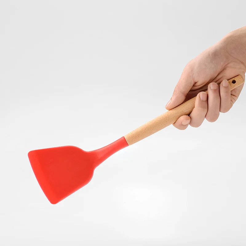 

11 pcs red non stick silicone cookware set wooden handle spatula food clip cookware set storage box kitchen tools accessories