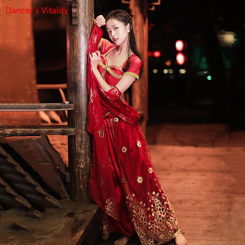 Костюм для танца живота топ с короткими рукавами широкие брюки вышивкой