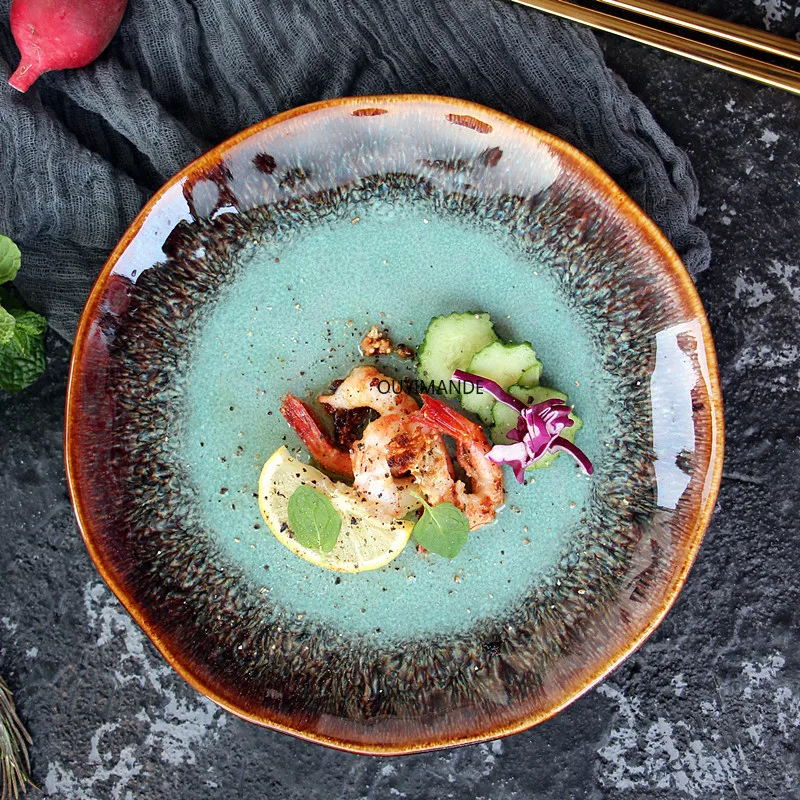 

European Creative Emerald Green Agate Red Retro Ceramic Tableware Pasta Steak Salad Plate Food Container Dinner Plate Dinnerware