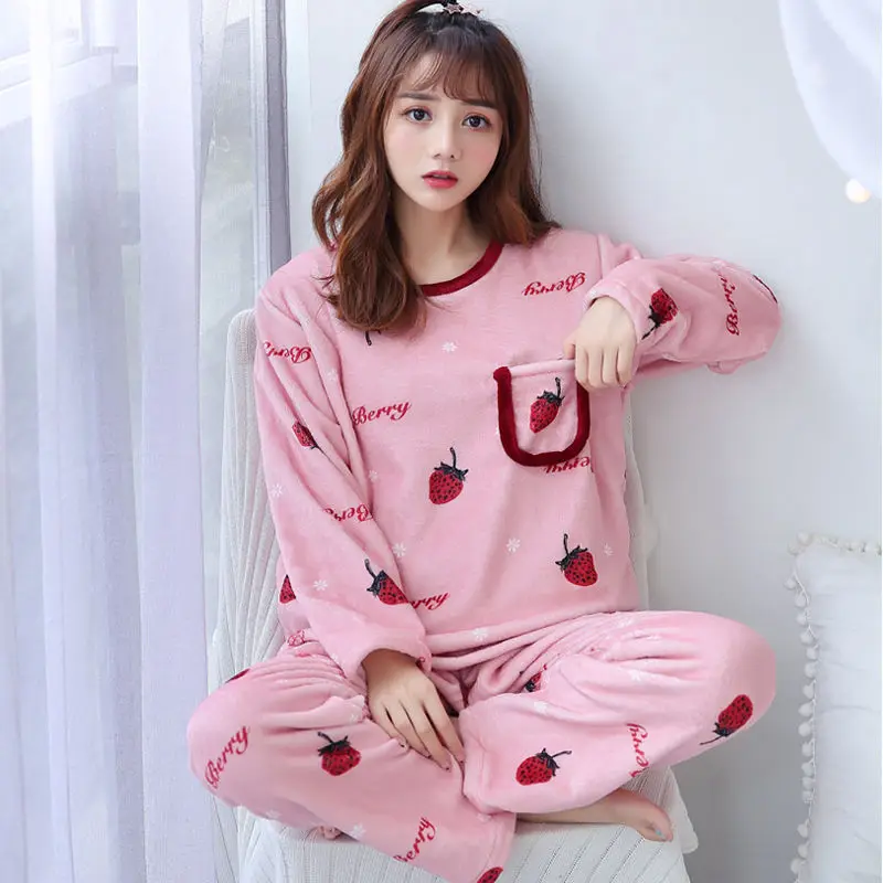 Новинка Женский пижамный комплект из кораллового флиса осенне-зимняя Милая