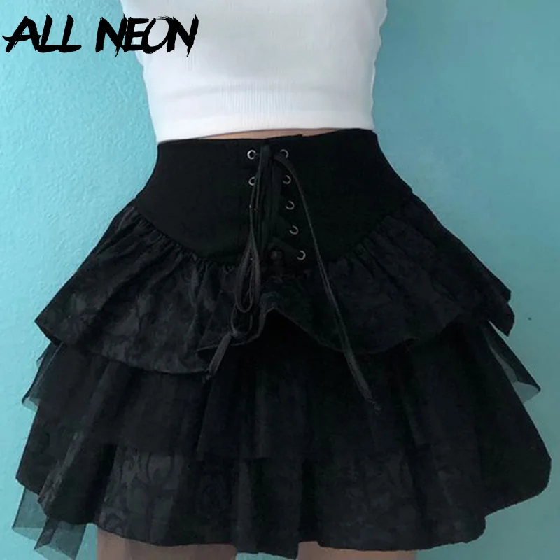ALLNeon Mall гот Y2K шнуровка Высокая Талия юбки с оборками в стиле панк эстетика