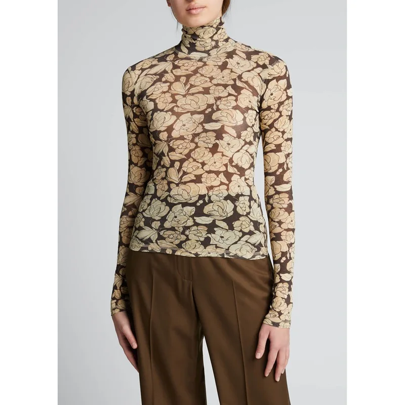 

Floral Printed T-shirt Women's Turtleneck Long Sleeve Thin Ladies Bottoming Top