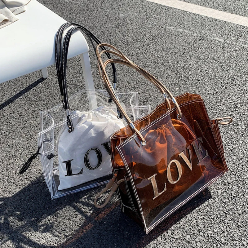 

Women bags big Female PVC Transparent Brown white shoulder bags shopping Beach summer handbag 2021 luxury brand handbags