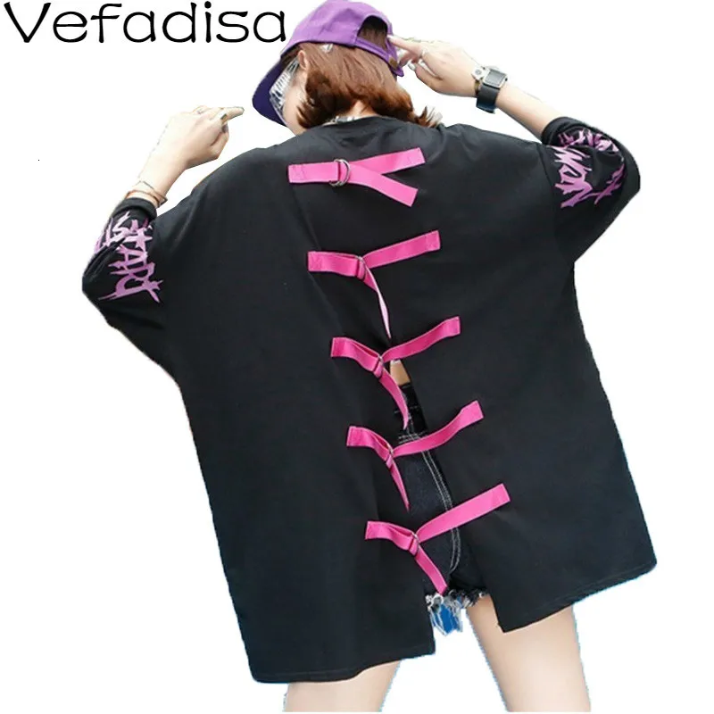 Женская футболка с открытой спиной Vefadisa розовая принтом в виде букв Черная