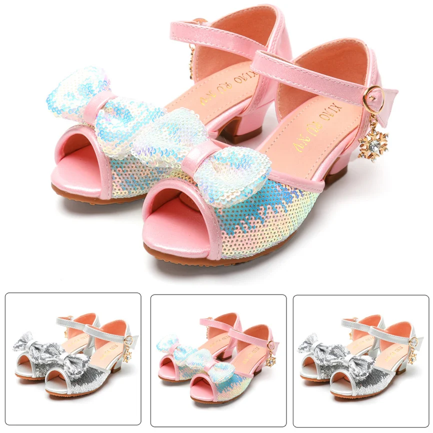 Детская обувь для девочек на высоком каблуке Детские блестящие туфли принцессы с