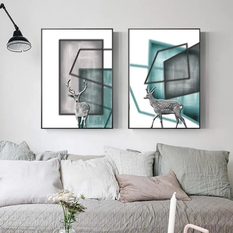 

Modern Abstract Geometric Lines Elk Minimalist Nordic Poster Frameless Home Decoration Printing Canvas Frameless Wall Painting