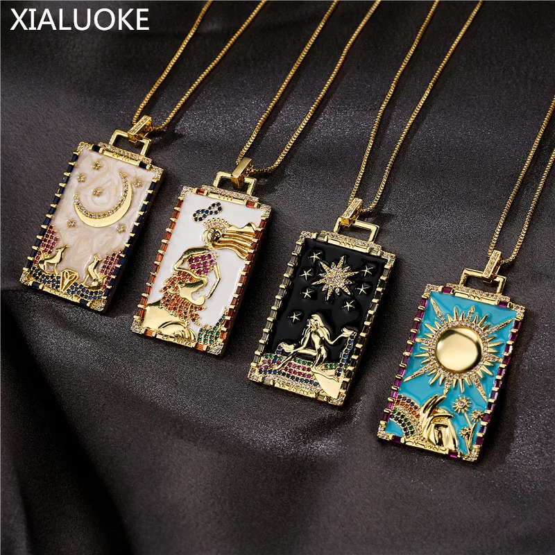 

XIALUOKE Luxury Personality Rectangle Enamel Glaze Stars Moon Pendant Necklace For Women Mosaic Crystal Sweater Chain Necklace