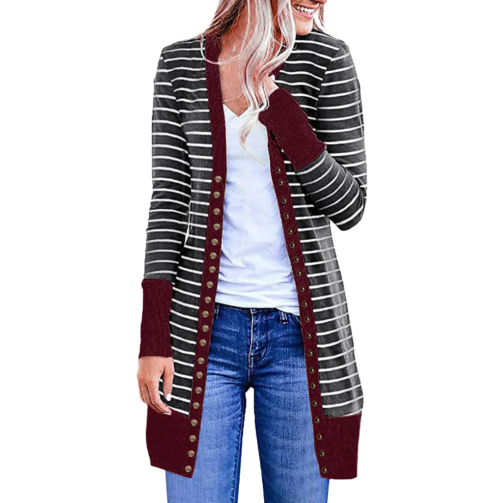 Womail Fashion Women Casual Blouse Coat Long Sleeve Stripe Patchwork Button Striped Cardigan | Женская одежда