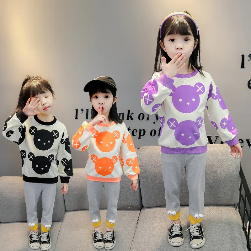 

New girls' suit cartoon printed long sleeve sweater sports suit two piece