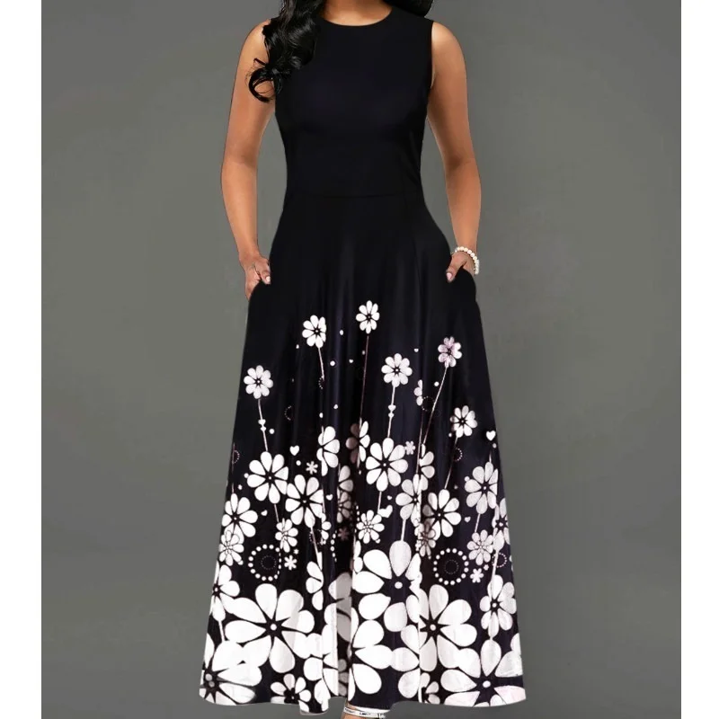 

2021 Summer European and American New Style Sleeveless Fashion Simple Printed Long Skirt Dress Fashion Printed Long Dress New