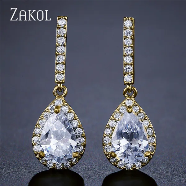 Gold Color ZAKOL вечность большие каплевидные серьги с кубическим цирконием, микро инкрустация, висячие серьги с блестящей розово-золотой расцветкой для девушек, вечерние серьги FSEP086 - Окраска металла: Gold Color