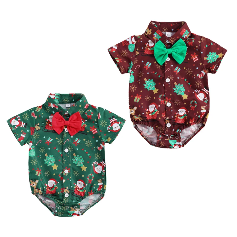 

Infant Baby Girls Boys Pieces Bodysuits Christmas Santa Print Short Sleeve Bow Tie Gentleman Party Jumpsuits XMAS Gift 0-24M