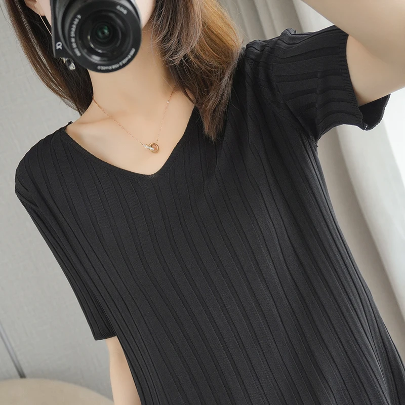 

2021 Summer New 100%Pure Cotton Short-Sleeved Knit Sweater Women's V-Neck Wild Pullover Large Size T-Shirt Half-Sleeved Thin Top